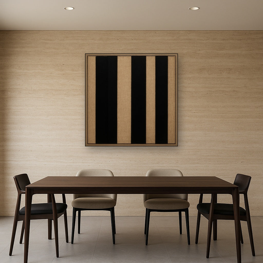 Minimalist Black Stripe & Raw Linen Rhythm No. 2 Fine Art Oil Painting - View 4