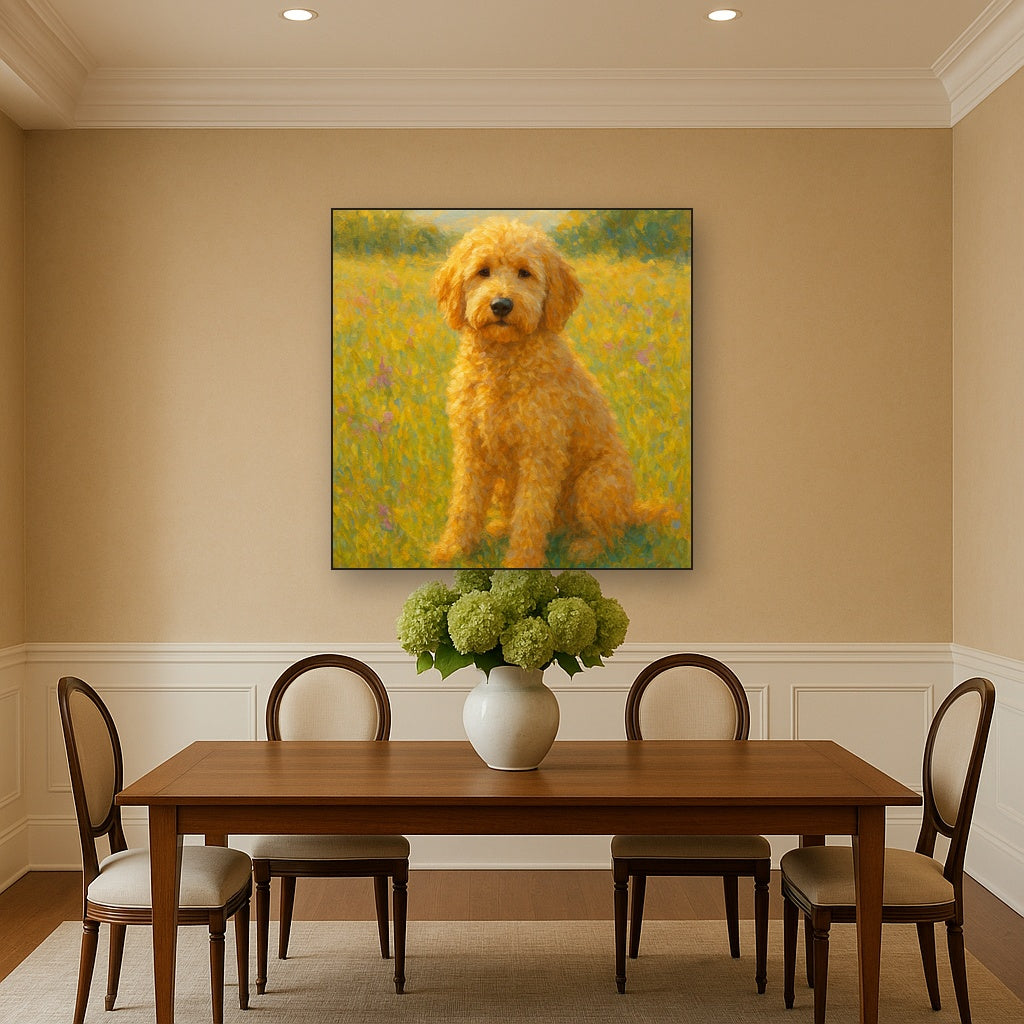 Fluffy Goldendoodle in Sun-Drenched Meadow No. 9 Fine Art Oil Painting - View 4