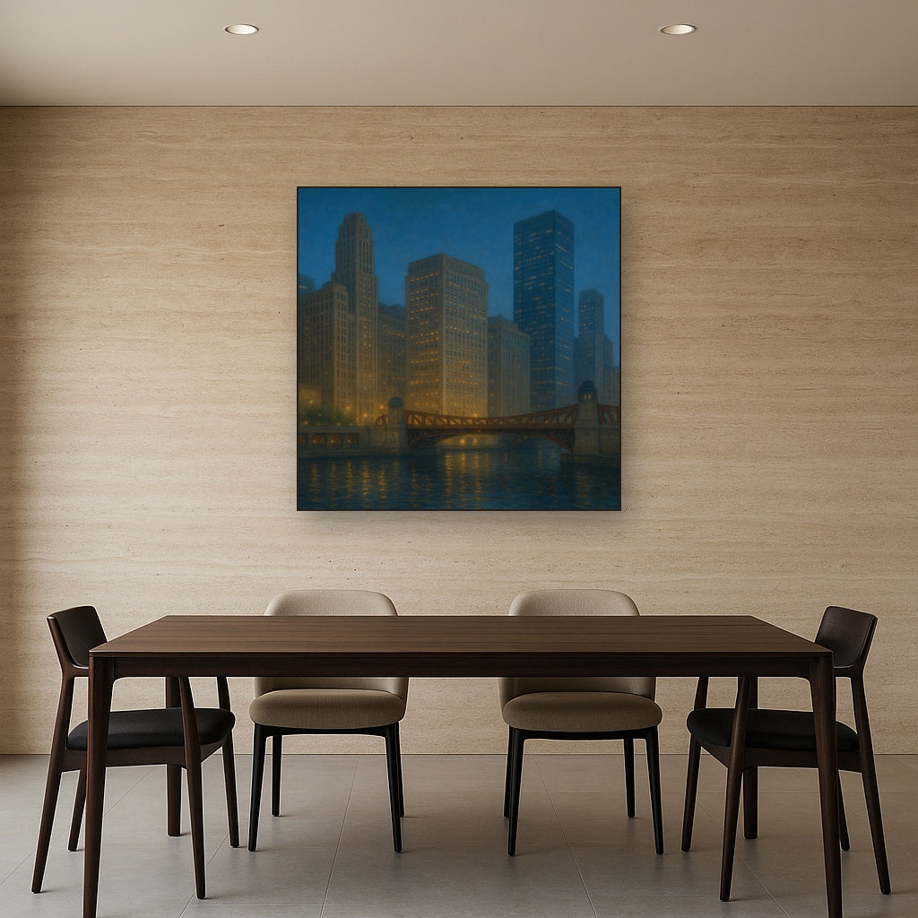Chicago Riverfront Architecture at Blue Hour No. 20 Oil Painting - View 4