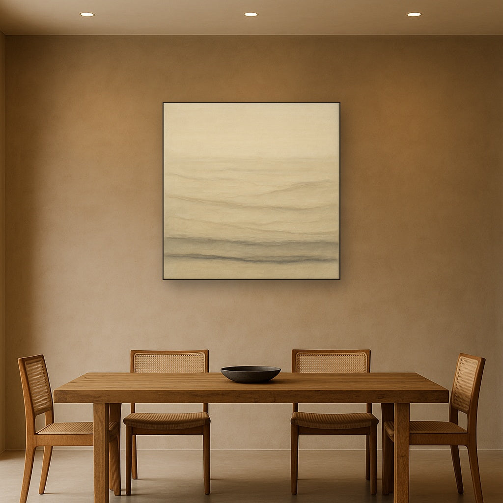 Raw Limestone Horizon & Washed Linen No. 24 Oil Painting Staged Above Dining Room Credenza, Elegant Hand Painted Oil Art for Dining Room Walls