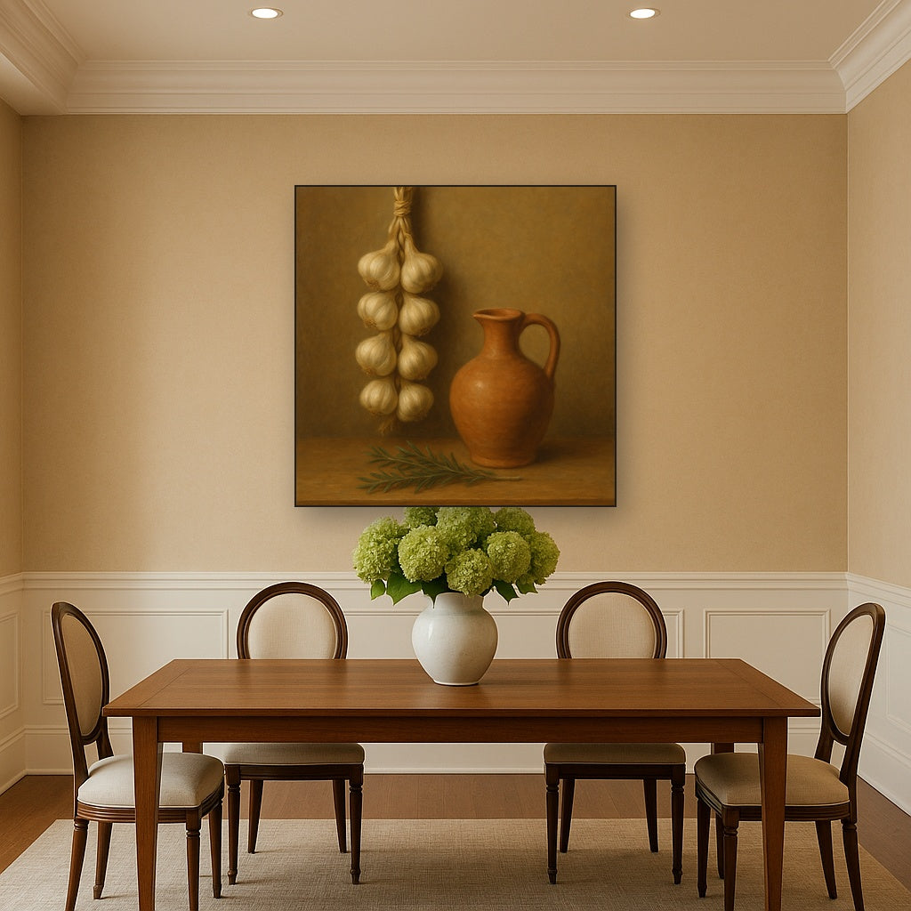 Tuscan Garlic Braid & Terracotta Cruet No. 6 Oil Painting Staged Above Dining Room Credenza, Elegant Hand Painted Oil Art for Dining Room Walls