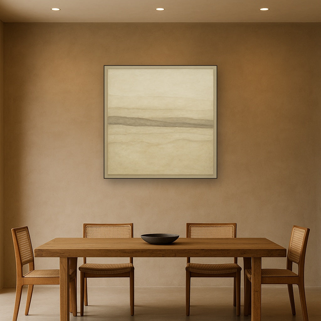 Raw Limestone Horizon & Washed Linen No. 3 Oil Painting Staged Above Dining Room Credenza, Elegant Hand Painted Oil Art for Dining Room Walls