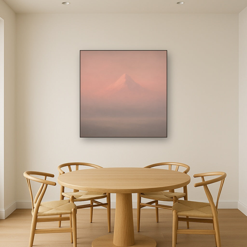 Pale Alpenglow over Distant Glacial Peak No. 16 Oil Painting Staged Above Dining Room Credenza, Elegant Hand Painted Oil Art for Dining Room Walls