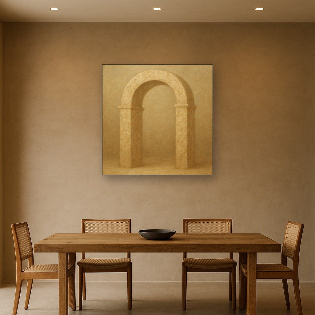 Travertine Stone Arch & Earth Tones No. 7 Oil Painting Staged Above Dining Room Credenza, Elegant Hand Painted Oil Art for Dining Room Walls
