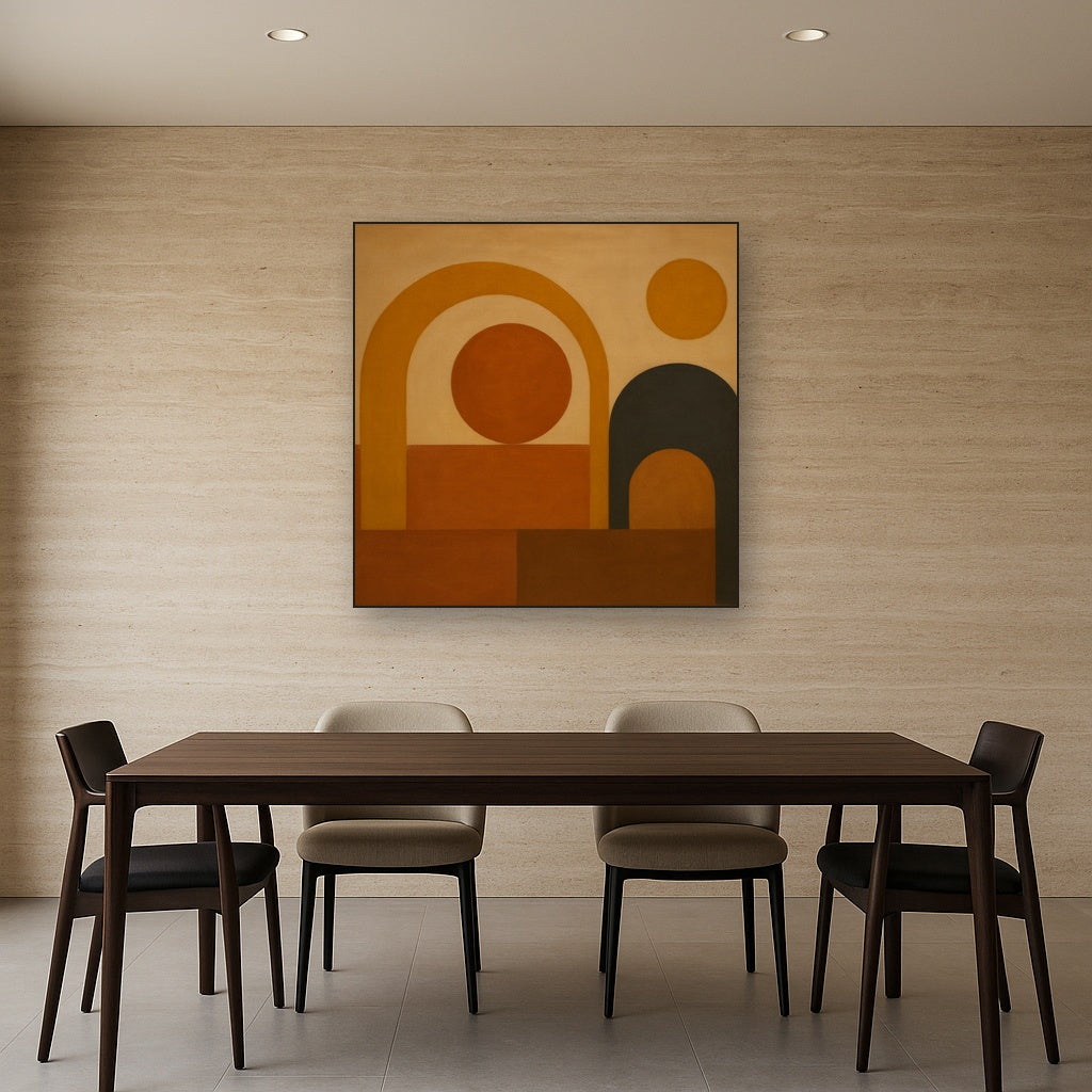 Arch & Circle Equilibrium in Warm Earth Tones No. 19 Oil Painting Staged Above Dining Room Credenza, Elegant Hand Painted Oil Art for Dining Room Walls