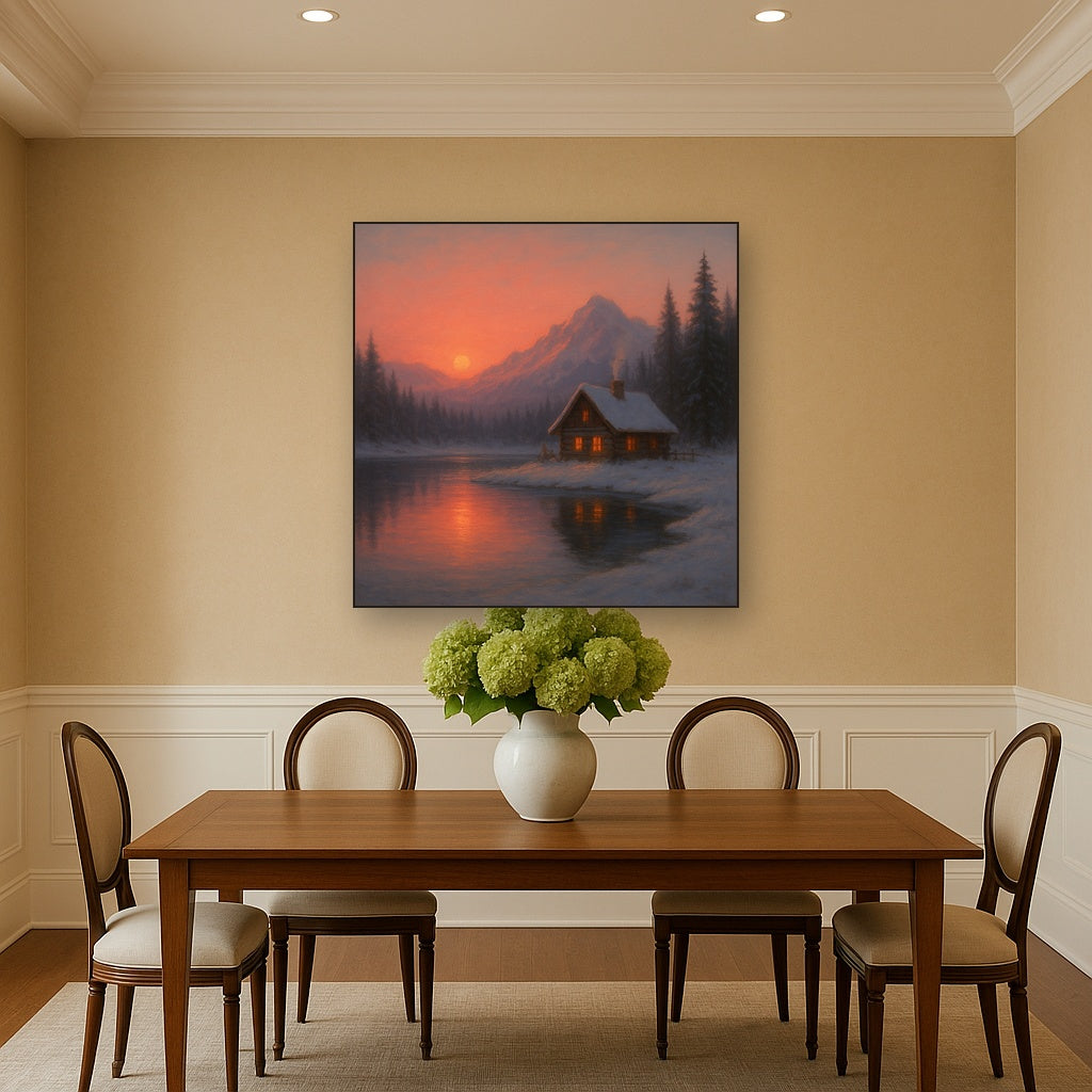 Winter Solstice Mountain Cabin Reflection No. 3 Oil Painting - View 4
