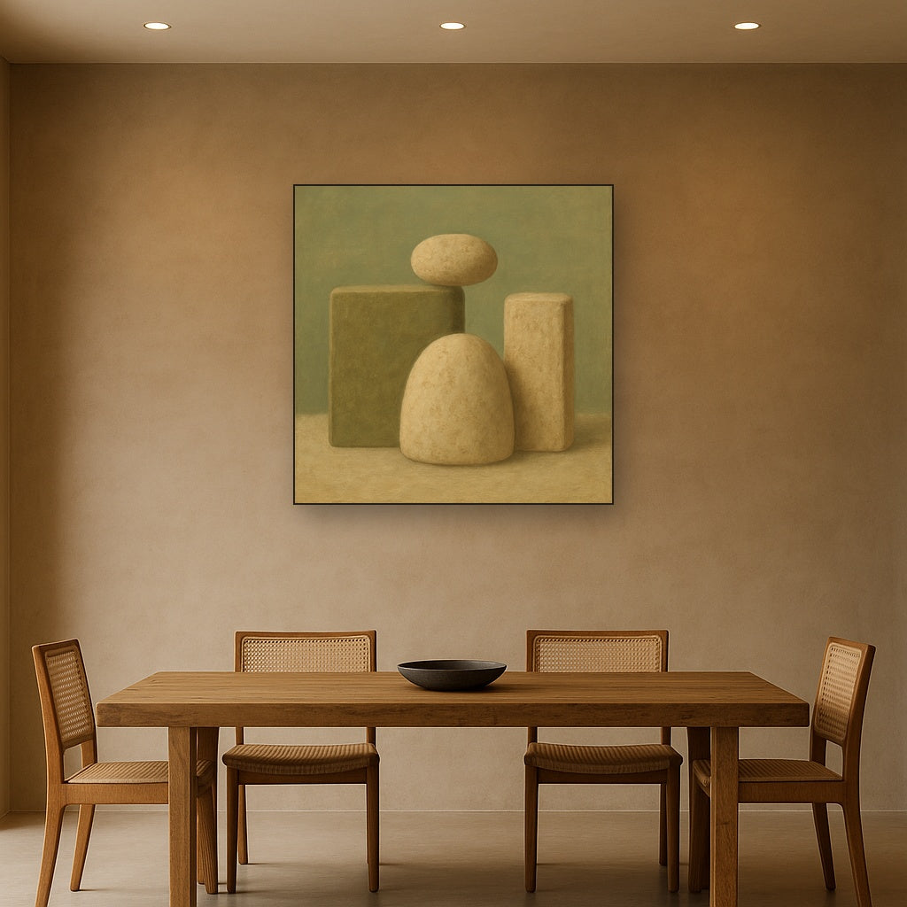 Muted Olive & Sandstone Geometric Balance No. 15 Oil Painting Staged Above Dining Room Credenza, Elegant Hand Painted Oil Art for Dining Room Walls