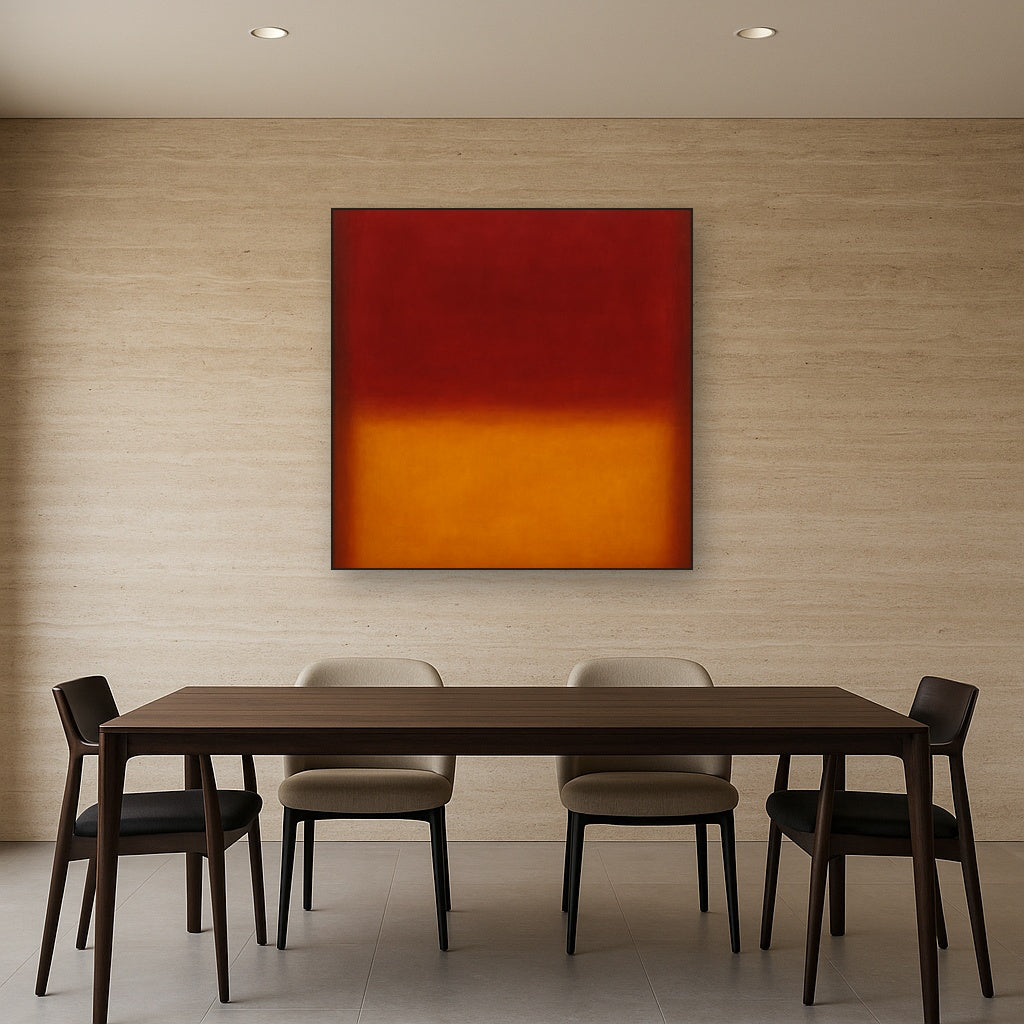 Crimson Burgundy & Saffron Gold Color Vibrations No. 29 Oil Painting Staged Above Dining Room Credenza, Elegant Hand Painted Oil Art for Dining Room Walls