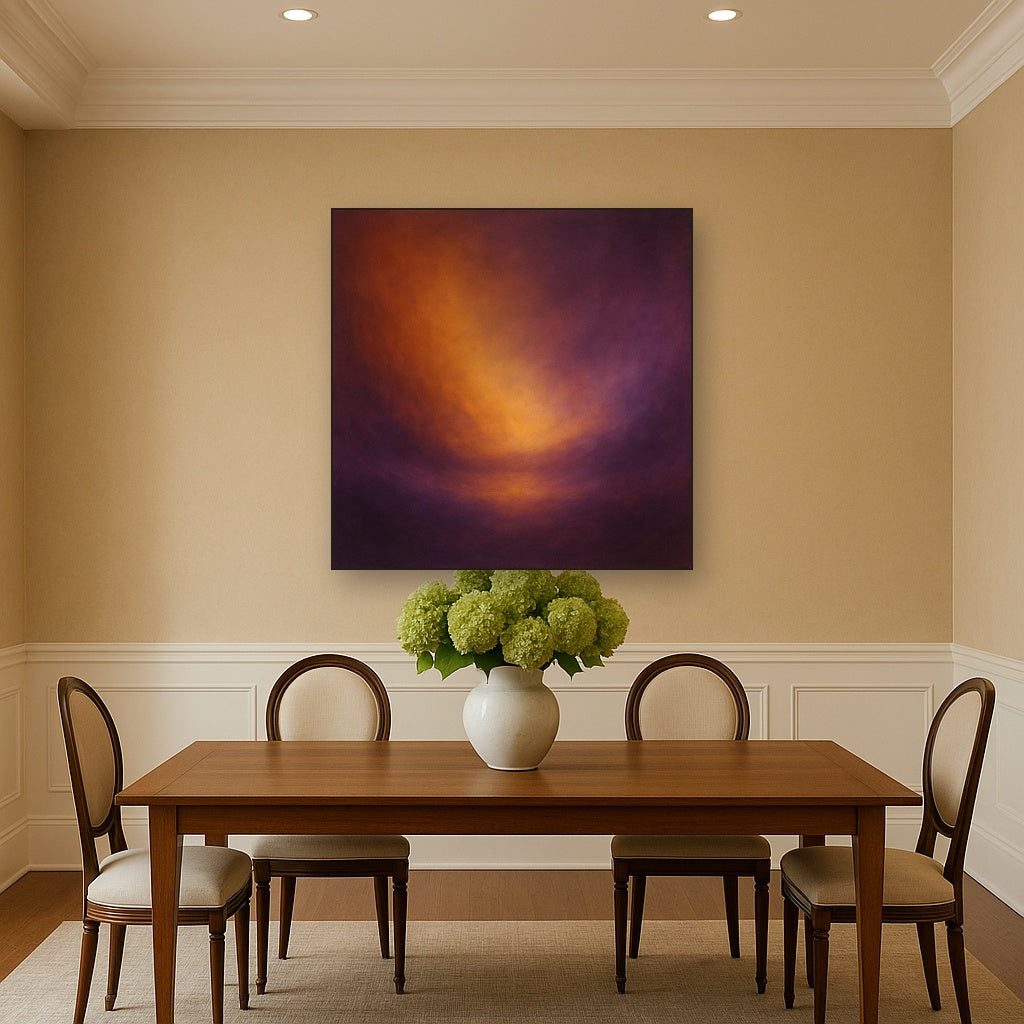Burnt Amber & Velvet Amethyst Atmosphere No. 18 Oil Painting Staged Above Dining Room Credenza, Elegant Hand Painted Oil Art for Dining Room Walls
