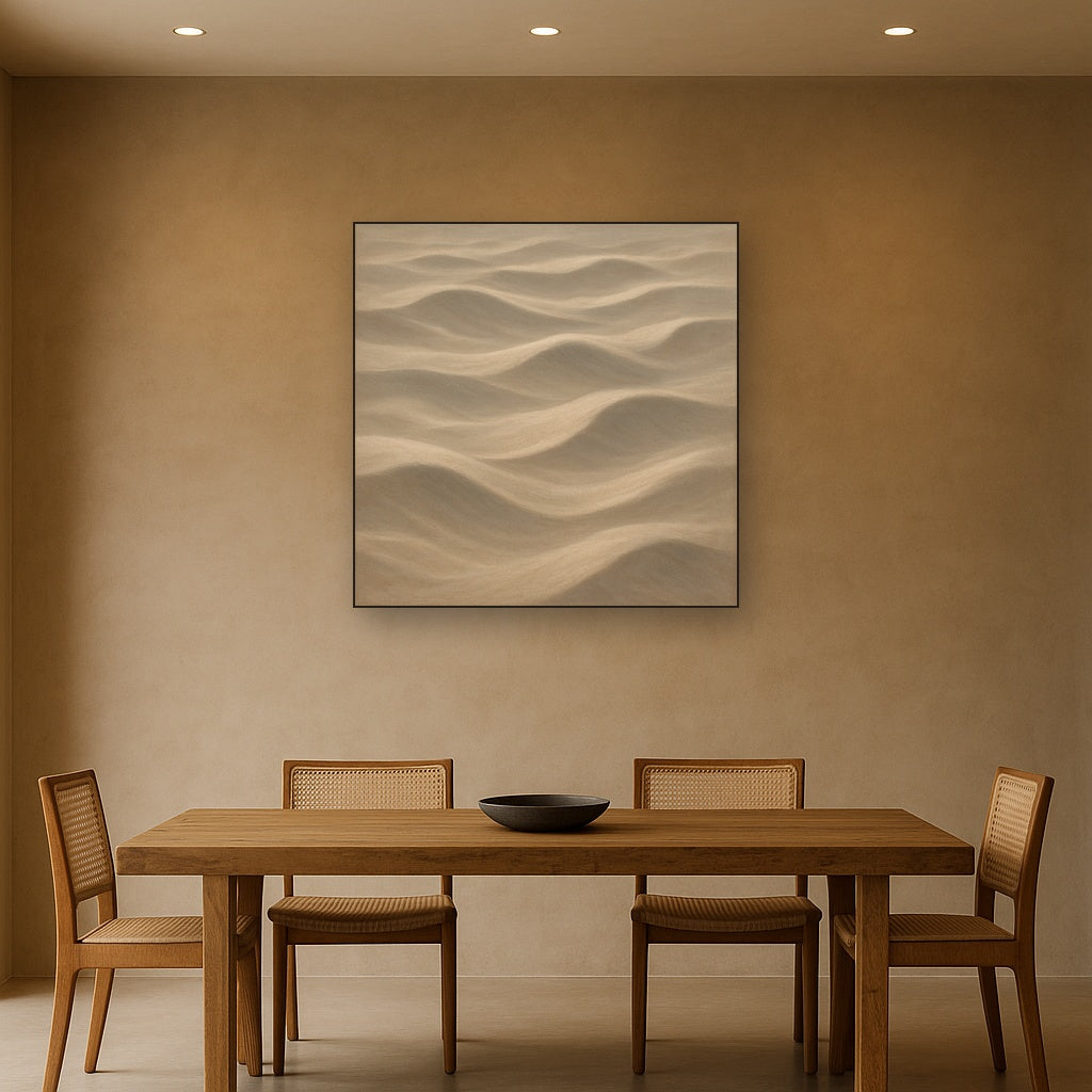 Monochrome Sand Dune Contours & Pale Slate No. 14 Oil Painting Staged Above Dining Room Credenza, Elegant Hand Painted Oil Art for Dining Room Walls
