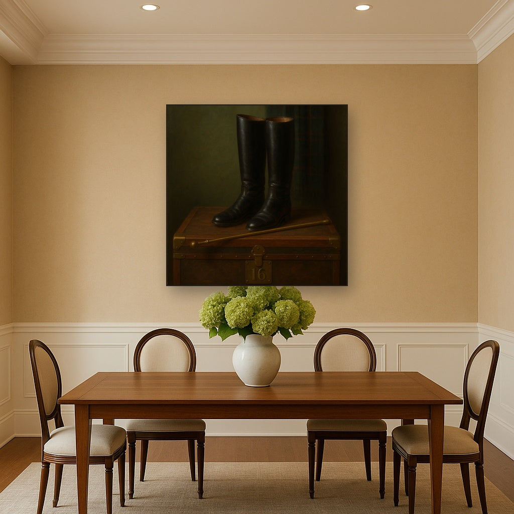 Vintage Riding Boots & Brass Crop on Trunk No. 16 Oil Painting - View 4