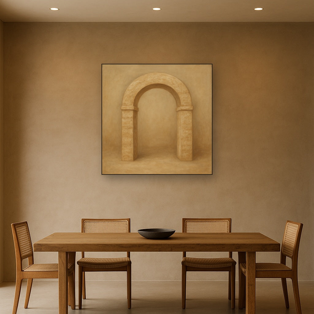 Travertine Stone Arch & Earth Tones No. 22 Oil Painting Staged Above Dining Room Credenza, Elegant Hand Painted Oil Art for Dining Room Walls