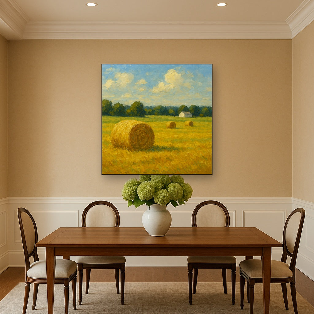 Rolling Meadow Hay Bales Horizon No. 2 Oil Painting - Styled in Elegant Dining Room