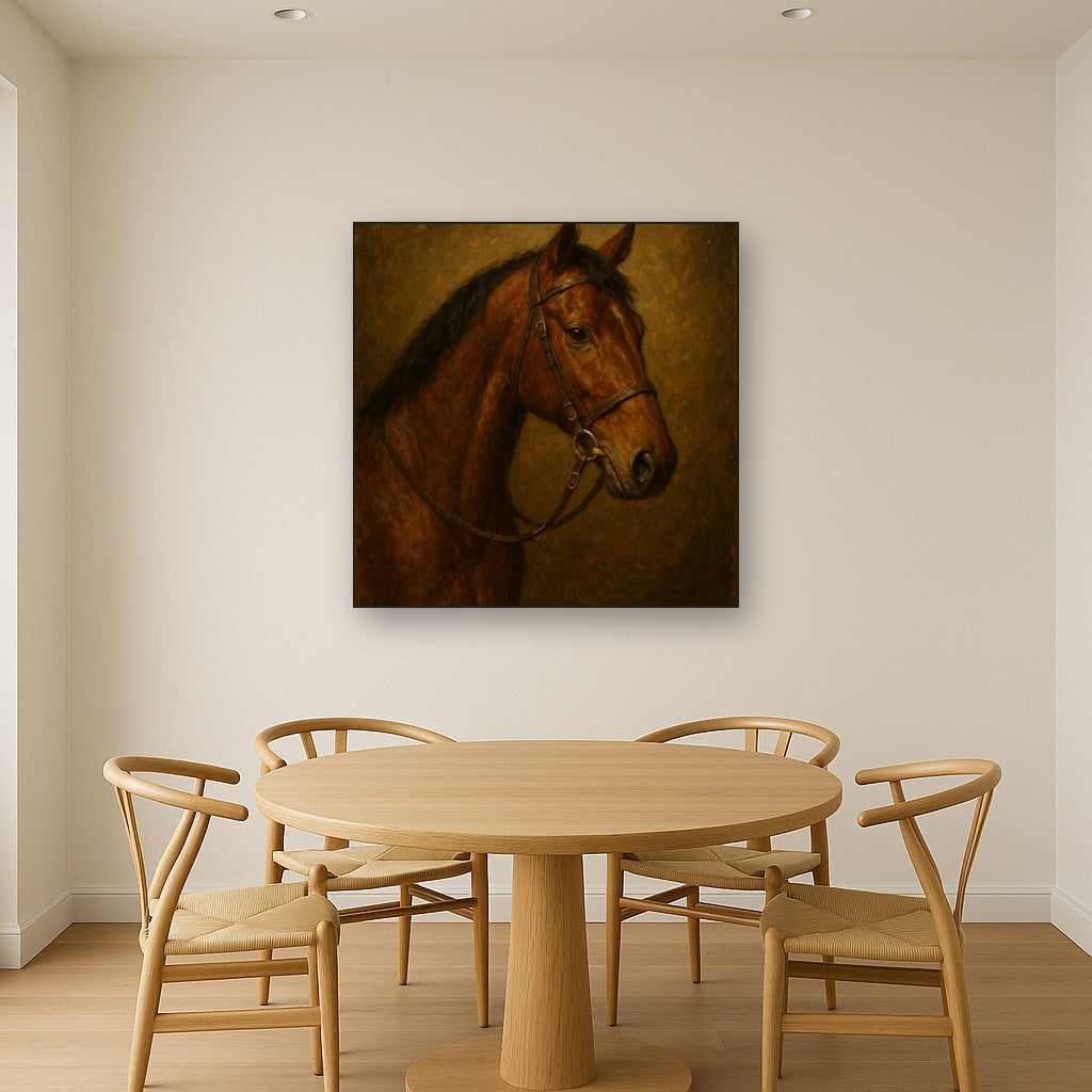 Vintage Equestrian Thoroughbred Portrait No. 4 Oil Painting - Styled in Elegant Dining Room