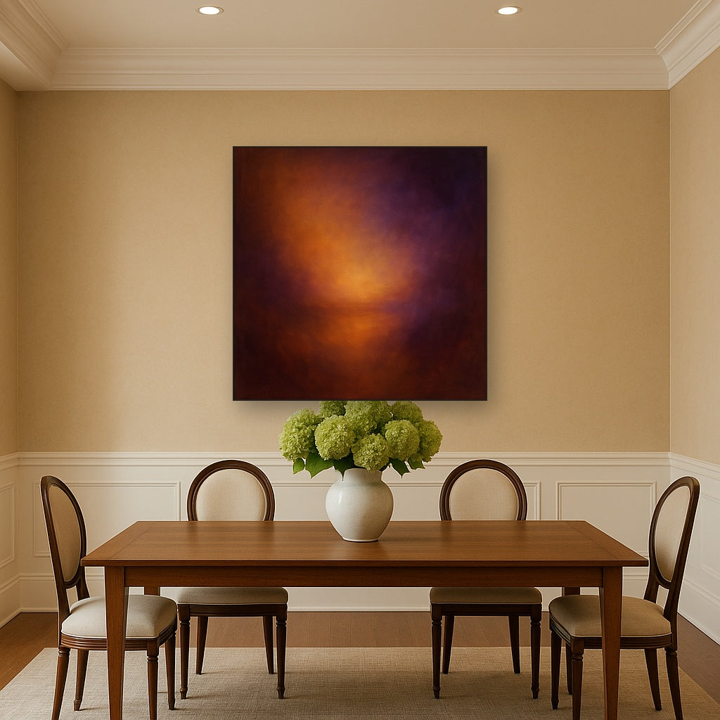 Burnt Amber & Velvet Amethyst Atmosphere No. 2 Oil Painting Staged Above Dining Room Credenza, Elegant Hand Painted Oil Art for Dining Room Walls