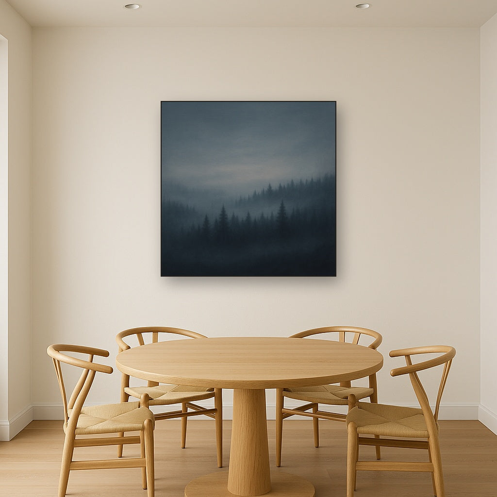 Dusk over Silent Pine Ridgeline in Charcoal Fog No. 20 Oil Painting Staged Above Dining Room Credenza, Elegant Hand Painted Oil Art for Dining Room Walls