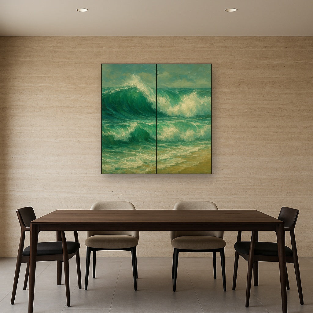 Emerald Swell Split-Panel Seascape No. 3 Oil Painting - Styled in Elegant Dining Room