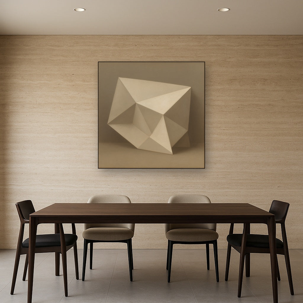 Folded Paper Geometry in Neutral Gradient Shadows No. 11 Oil Painting Staged Above Dining Room Credenza, Elegant Hand Painted Oil Art for Dining Room Walls