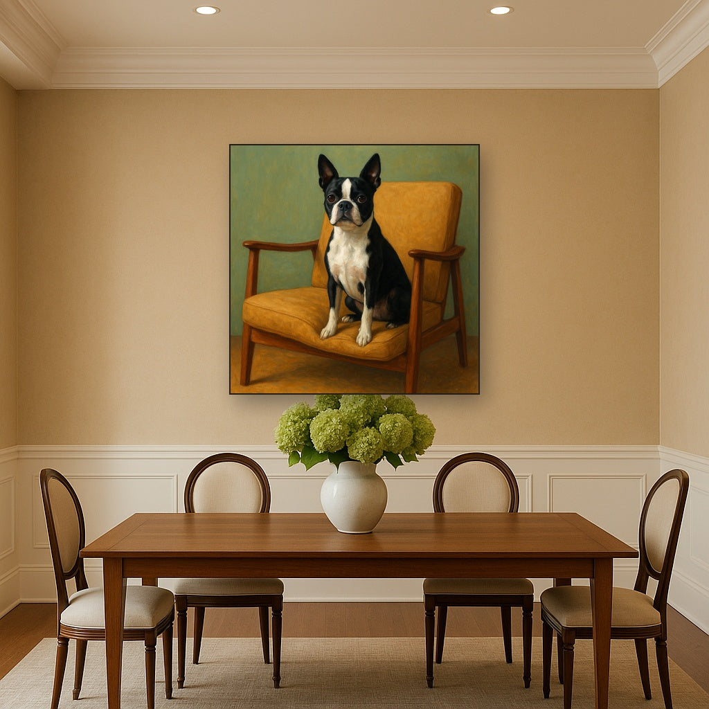 Boston Terrier in Warm Mid-Century Armchair No. 6 Fine Art Oil Painting - View 4