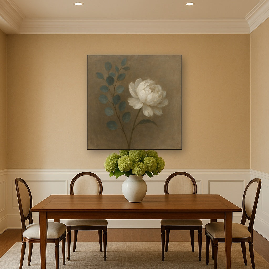 Eucalyptus & White Peony Minimalist Flora No. 2 Fine Art Oil Painting - View 4