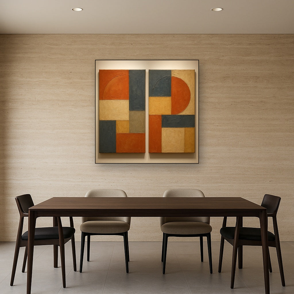 Mid-Century Geometric Duet Oil Painting - Styled in Elegant Dining Room