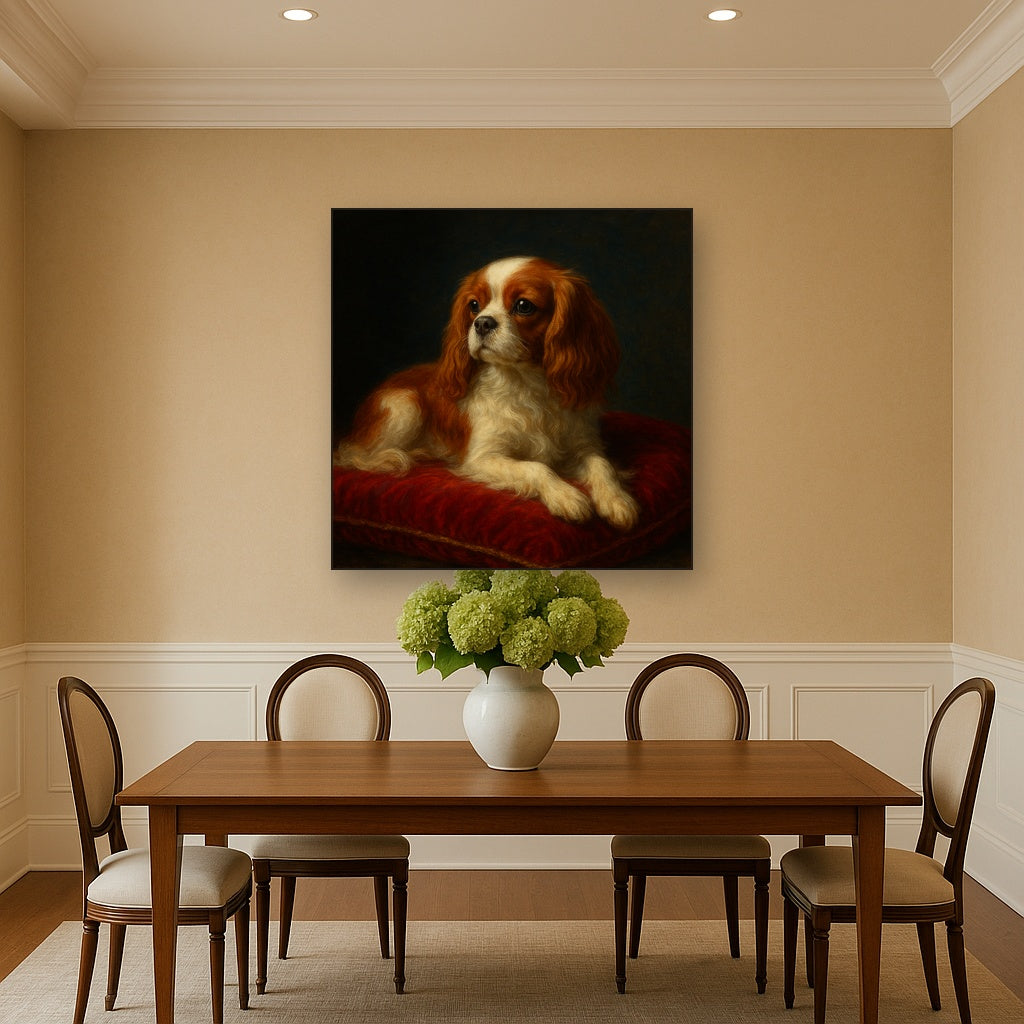 Cavalier King Charles Spaniel on Velvet Cushion No. 11 Fine Art Oil Painting - View 4