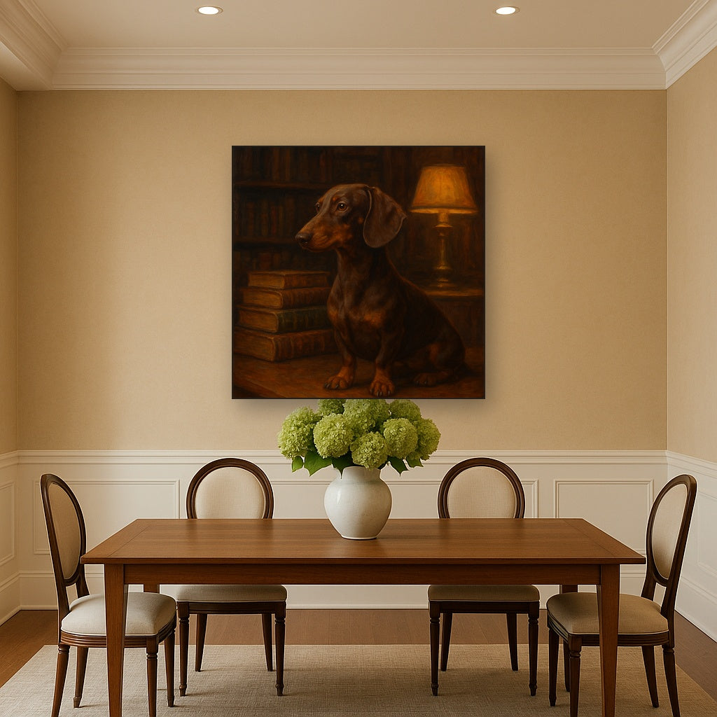 Smooth Dachshund in Moody Library Study No. 2 Fine Art Oil Painting - View 4