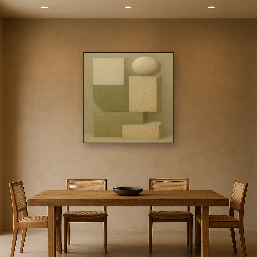 Muted Olive & Sandstone Geometric Balance No. 2 Oil Painting Staged Above Dining Room Credenza, Elegant Hand Painted Oil Art for Dining Room Walls