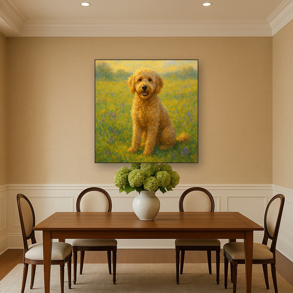Fluffy Goldendoodle in Sun-Drenched Meadow No. 6 Fine Art Oil Painting - View 4