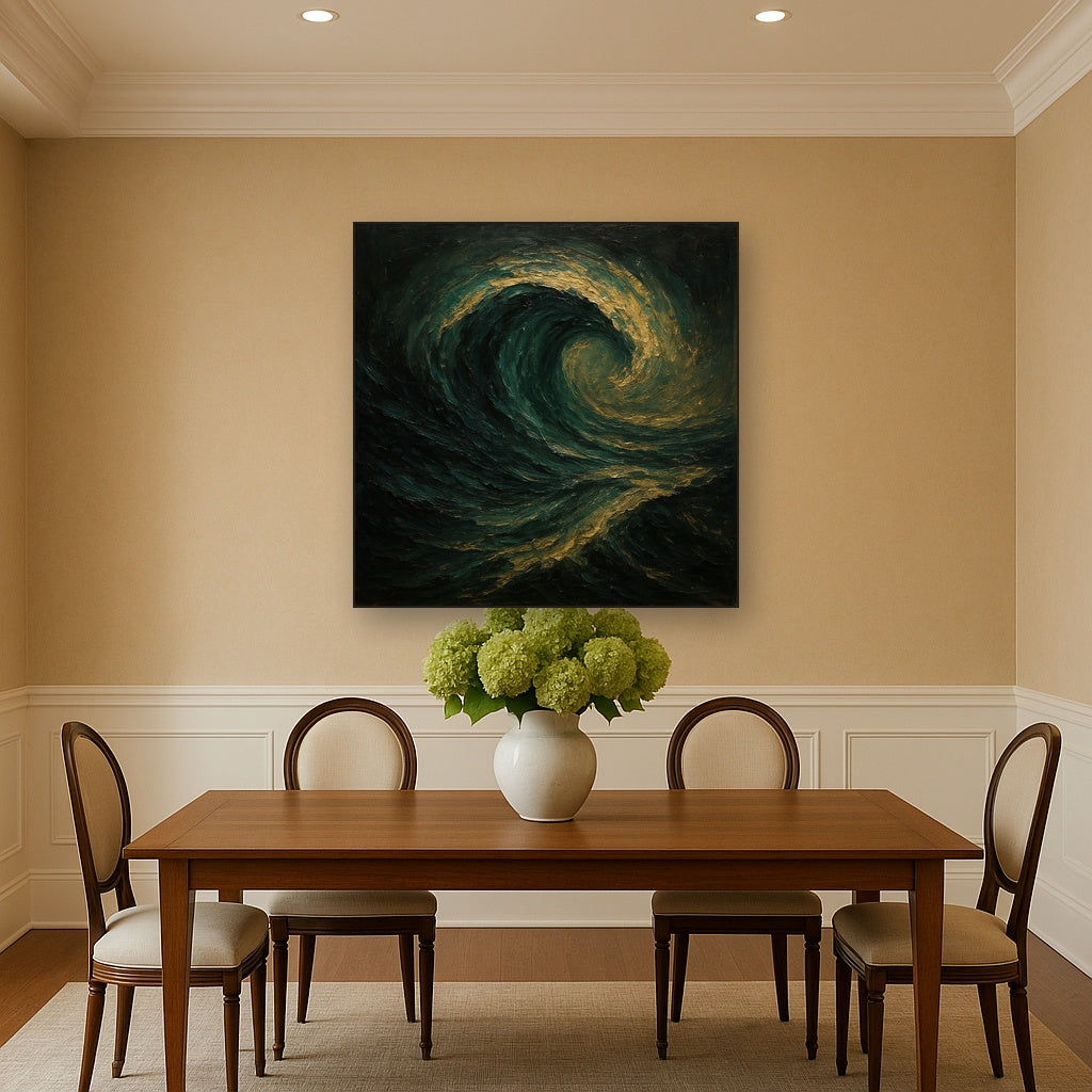 Deep Emerald & Obsidian Swell Oil Painting - Styled in Elegant Dining Room