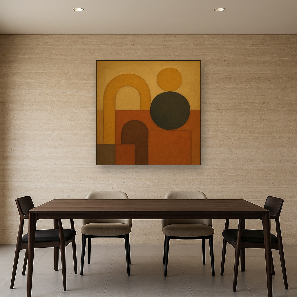 Arch & Circle Equilibrium in Warm Earth Tones No. 6 Oil Painting Staged Above Dining Room Credenza, Elegant Hand Painted Oil Art for Dining Room Walls