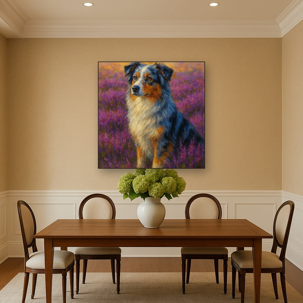 Australian Shepherd in Blooming Heather Field No. 6 Fine Art Oil Painting - View 4