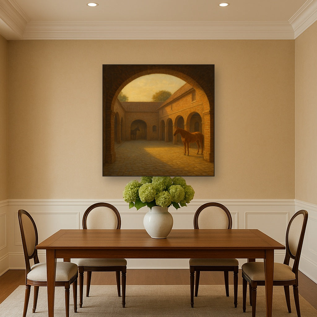 Equestrian Stable Courtyard in Late Afternoon Oil Painting - View 4