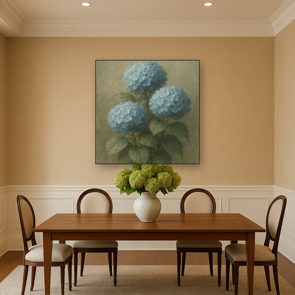 Hydrangea Trio in Dusty Blue & Antiqued Sage Fine Art Oil Painting - View 4