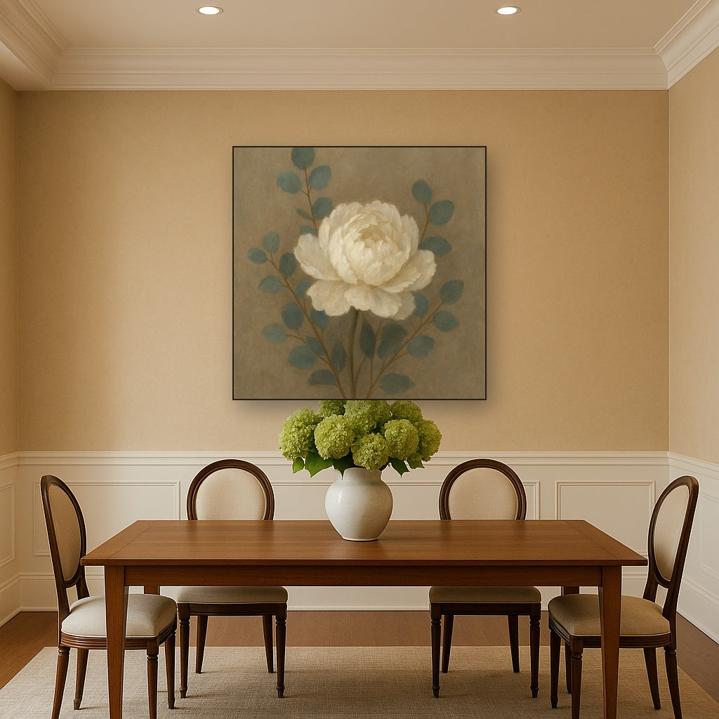 Eucalyptus & White Peony Minimalist Flora No. 9 Fine Art Oil Painting - View 4