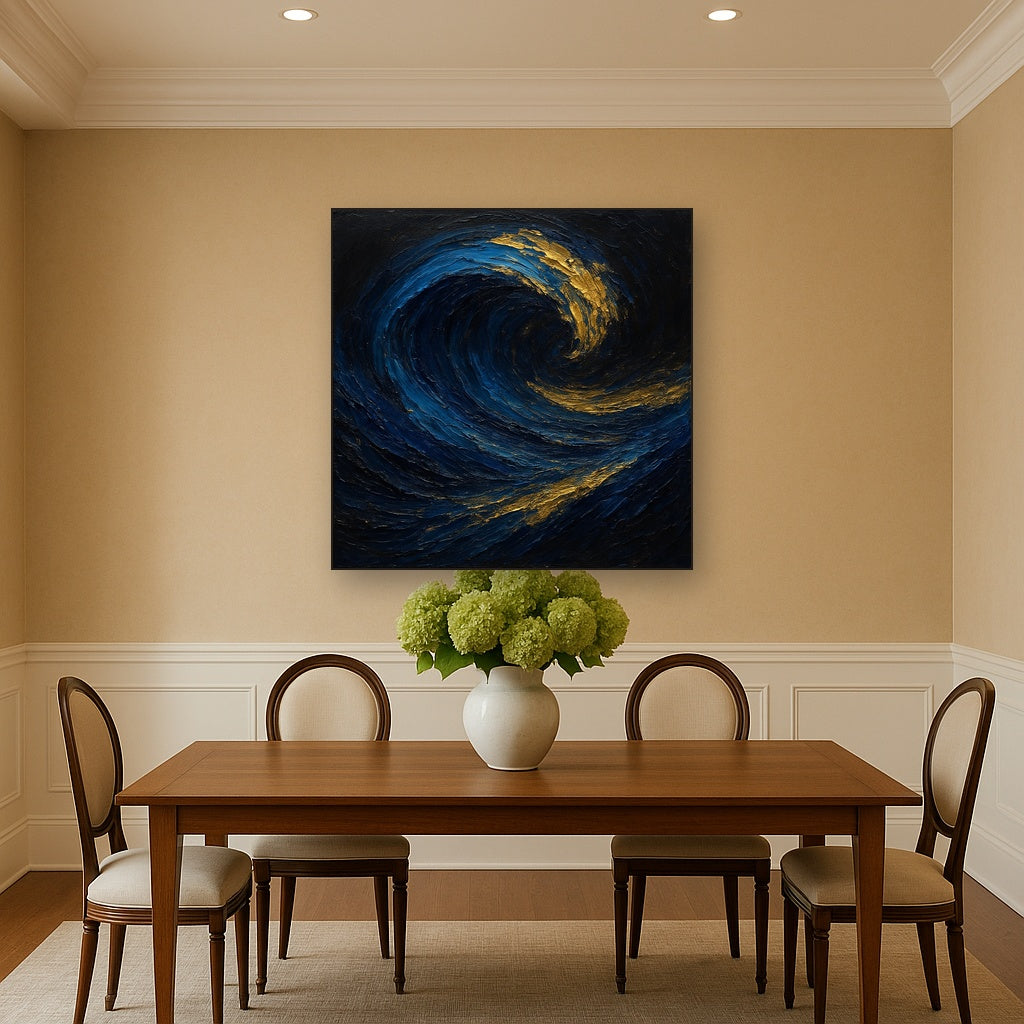 Imperial Sapphire & Midnight Wave No. 2 Oil Painting - Styled in Elegant Dining Room