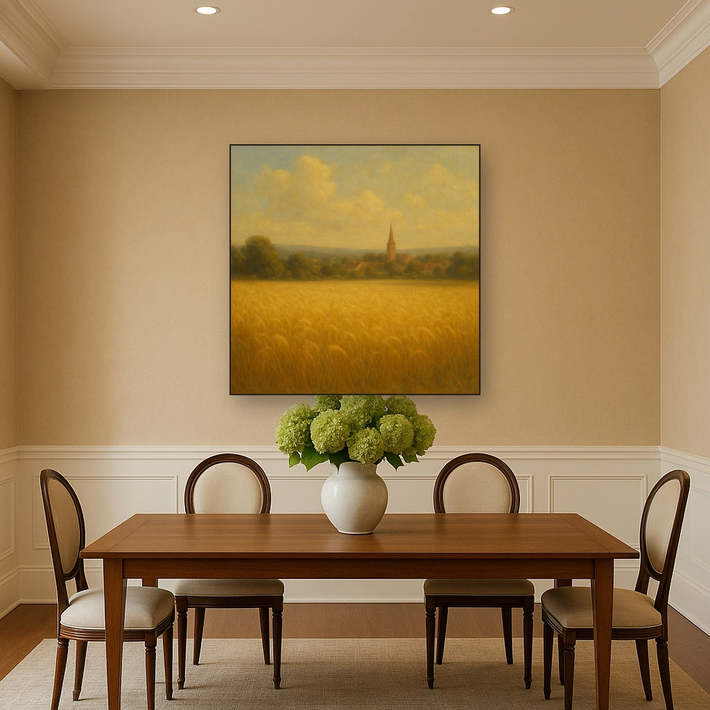 Sun-Drenched Wheatfield & Distant Village Oil Painting - View 4