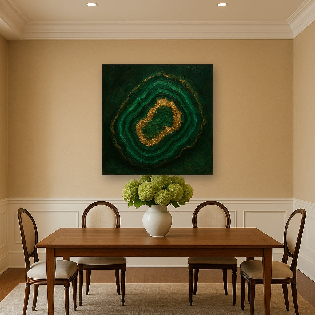 Forest Malachite & Gilded Geode No. 5 Oil Painting - Styled in Elegant Dining Room
