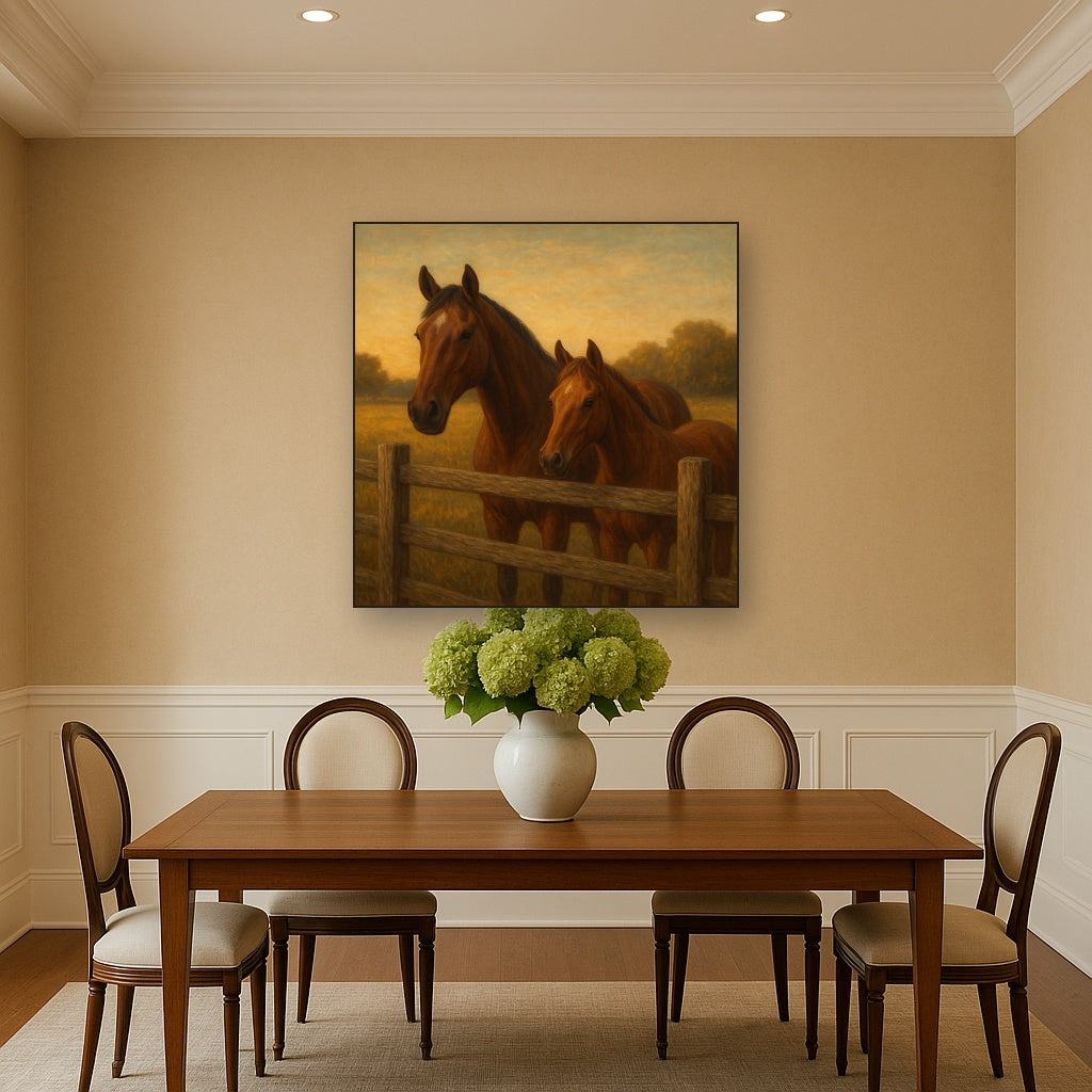 Two Horses at Rustic Post & Rail Fence No. 9 Oil Painting - View 4