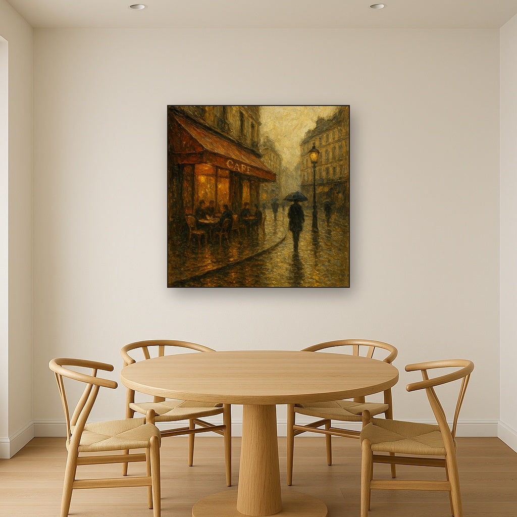 Parisian Cafe Rain Reflections Oil Painting - Styled in Elegant Dining Room