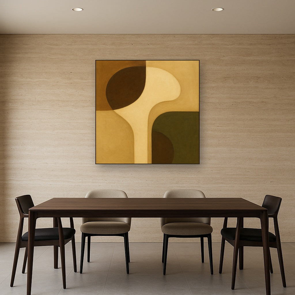Minimalist Asymmetrical Balance in Raw Umber No. 25 Oil Painting Staged Above Dining Room Credenza, Elegant Hand Painted Oil Art for Dining Room Walls