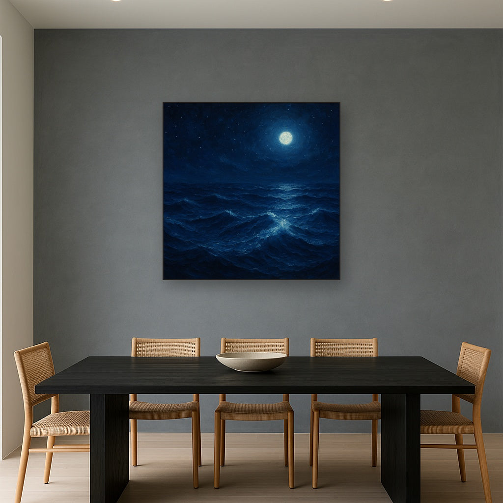 Deep Atlantic Midnight Seascape Oil Painting - Styled in Elegant Dining Room