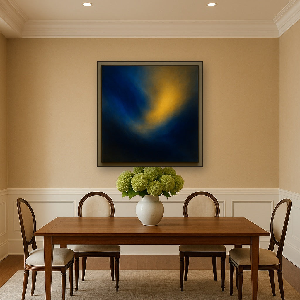 Lapis Lazuli & Golden Ochre Luminous Field No. 19 Oil Painting Staged Above Dining Room Credenza, Elegant Hand Painted Oil Art for Dining Room Walls