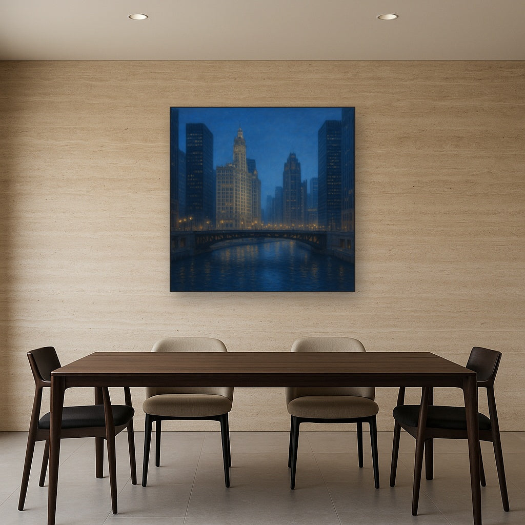 Chicago Riverfront Architecture at Blue Hour No. 11 Oil Painting - View 4