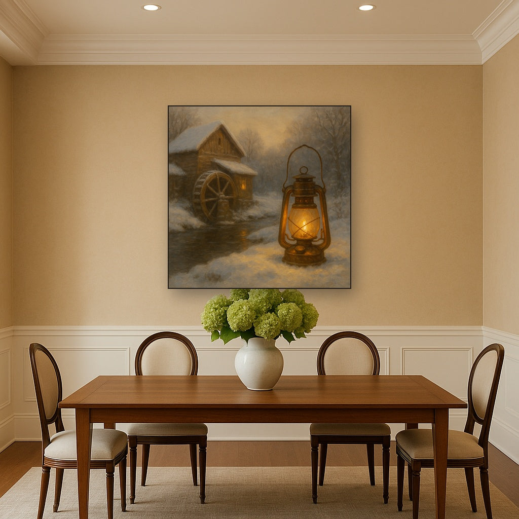Snowy Mill Stream & Glowing Lantern No. 3 Oil Painting - View 4