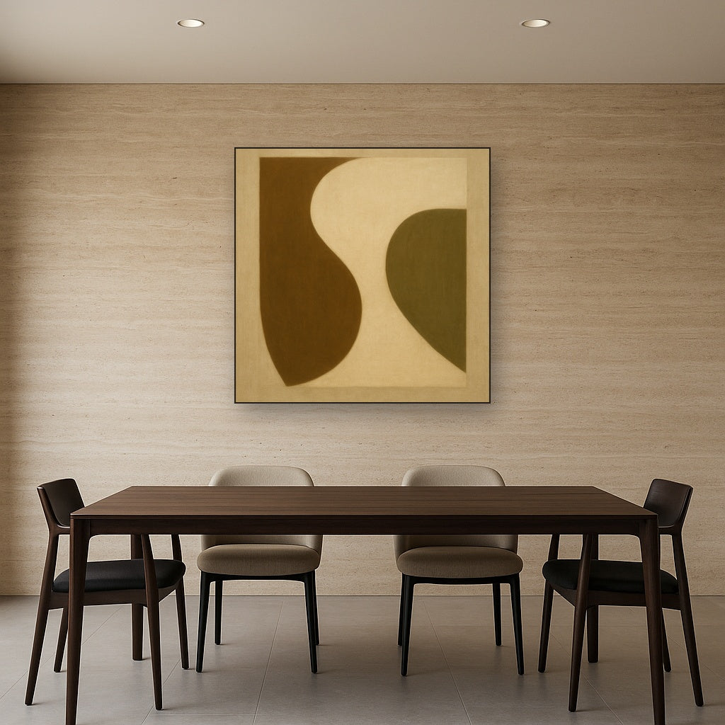 Minimalist Asymmetrical Balance in Raw Umber No. 22 Oil Painting Staged Above Dining Room Credenza, Elegant Hand Painted Oil Art for Dining Room Walls