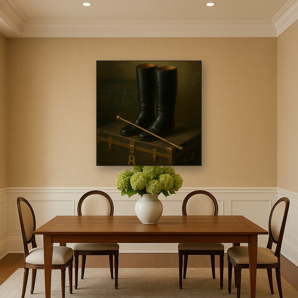 Vintage Riding Boots & Brass Crop on Trunk No. 8 Oil Painting - View 4