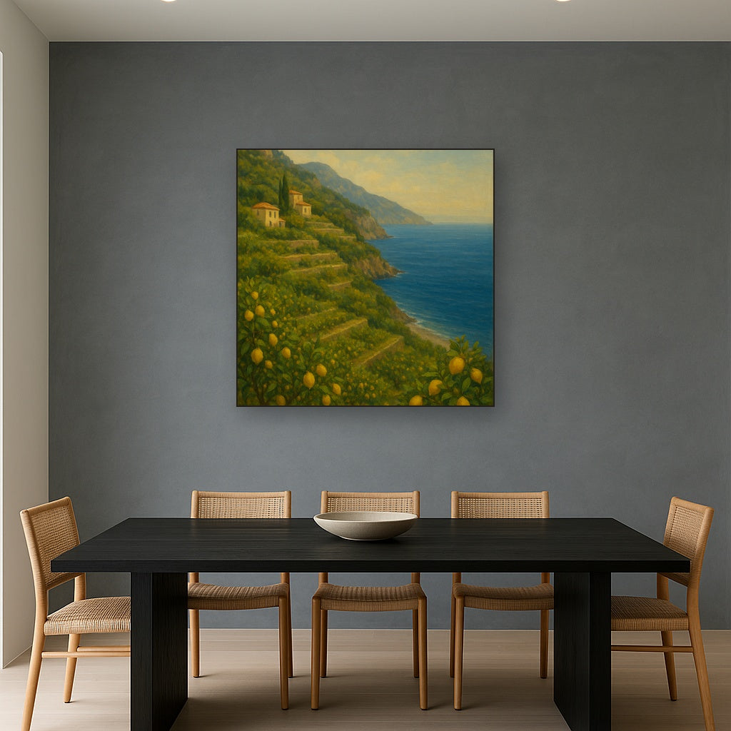 Italian Amalfi Coastline Terraces & Lemon Grove No. 15 Oil Painting Staged Above Dining Room Credenza, Elegant Hand Painted Oil Art for Dining Room Walls