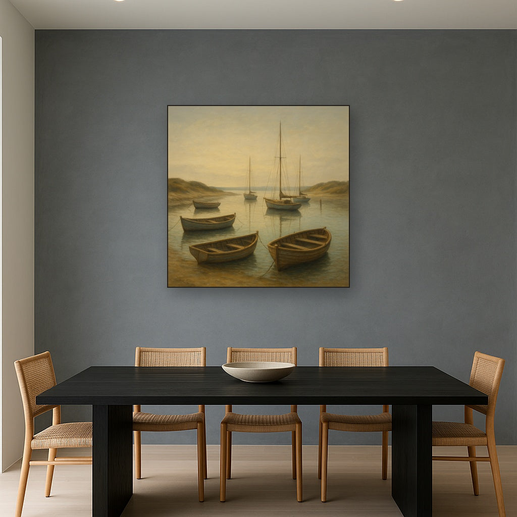 Quiet Fishing Harbor at Morning Low Tide No. 12 Oil Painting Staged Above Dining Room Credenza, Elegant Hand Painted Oil Art for Dining Room Walls