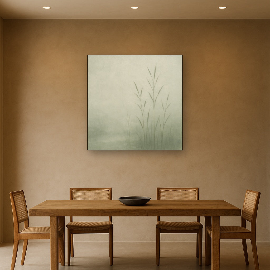 Misty Reed Shallows Minimalist Oil Painting - Styled in Elegant Dining Room